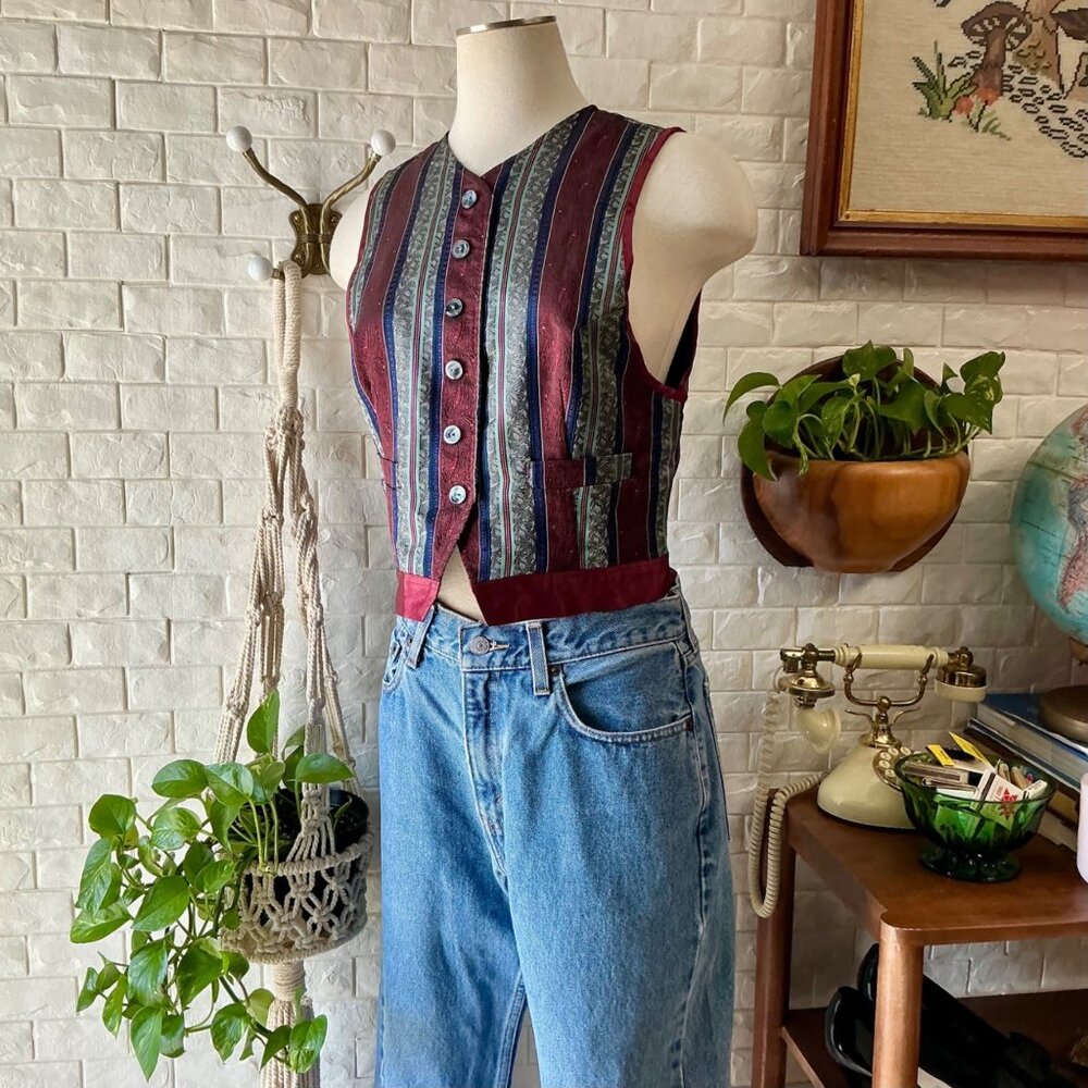 Vintage 1990s Limited Striped Patterned Tapestry Satin Cropped Vest Academia